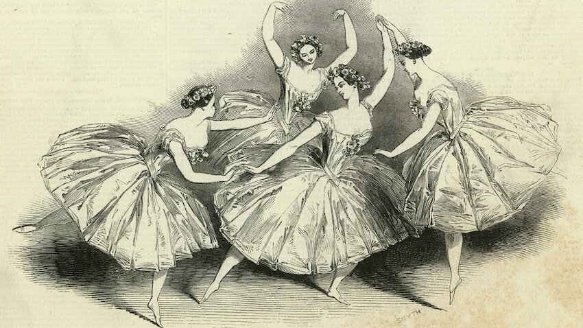 Der Pas de quatre, Her Majesty’s Theatre 1845. Erstmals tanzten Marie Taglioni, Carlotta Grisi, Lucile Grahn und Fanny Cerrito in einem Divertissement.